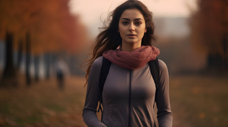 Beautiful young brunette woman in autumn park. Toned.の素材
