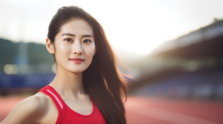 Portrait of beautiful sporty asian woman running on stadium.の素材