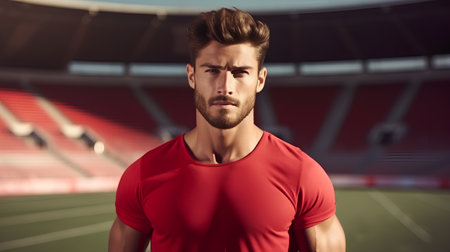Portrait of a handsome young man in a red t-shirt on a stadiumの素材