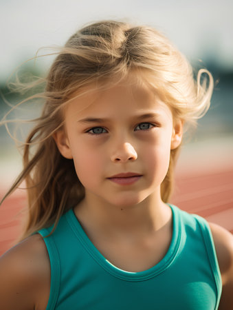 Portrait of a cute little girl with blond hair on the stadium.の素材