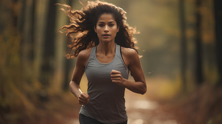 Young woman running in autumn forest. Healthy lifestyle and fitness concept.の素材