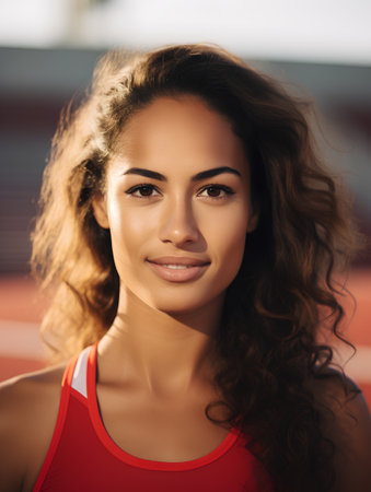 Portrait of a beautiful young woman with long curly hair in a red sports bra.の素材