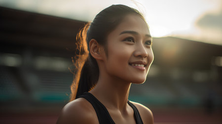 Portrait of beautiful sporty asian woman smiling at camera while standing on stadium.の素材