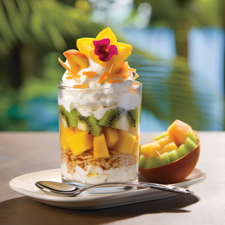 Yogurt with mango and kiwi in a glass on tableの素材