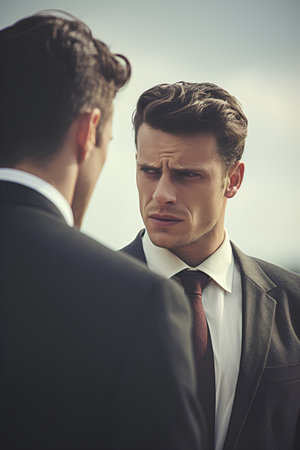 close up side view of two young businessmen in suits looking at each otherの素材