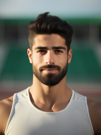 Portrait of handsome young man in sportswear at stadium.の素材