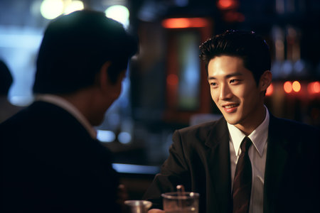 Businessman drinking coffee and talking to his colleague in a night clubの素材