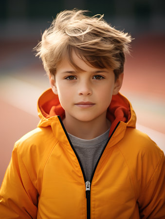 portrait of a boy in a yellow jacket on the sports fieldの素材
