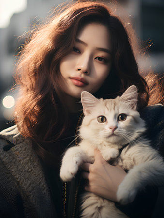 Portrait of a beautiful asian woman with long hair and catの素材