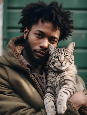 Portrait of a handsome african american man with a beautiful cat.の素材