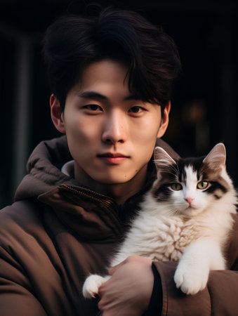 Asian man with cat in the city. Portrait of a young man with a cat.の素材