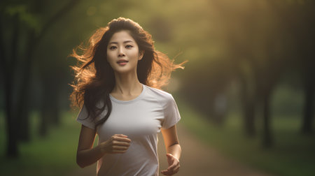 Beautiful asian woman jogging in the park at sunset.の素材