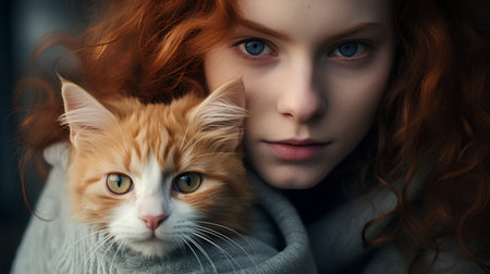 Portrait of a red-haired girl with a cat in her arms.の素材
