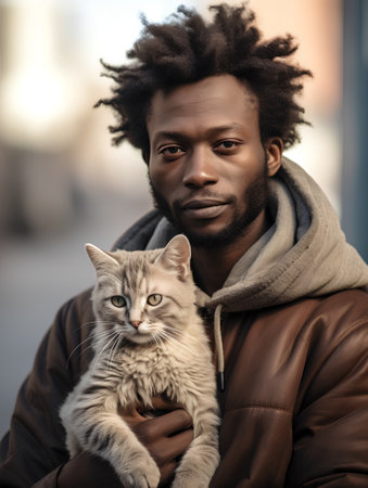 Portrait of handsome african american man with cat in his armsの素材