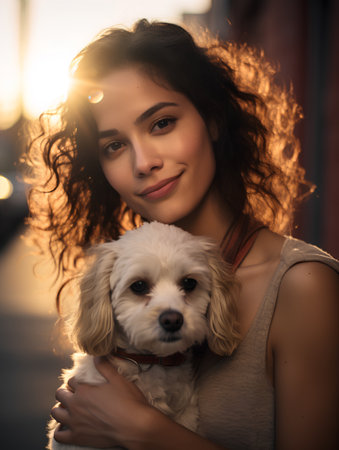 Portrait of a beautiful young woman with a dog at sunset.の素材