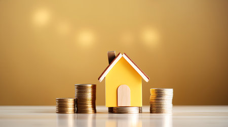 House model and coins stacks on yellow background. Real estate investment and saving concept.の素材