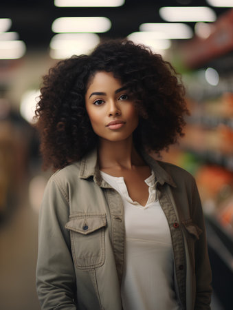 Portrait of a beautiful african american woman in a supermarketの素材