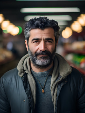 Portrait of handsome bearded man with beard and mustache in the cityの素材