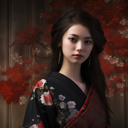 Beautiful asian woman in kimono on the background of flowersの素材
