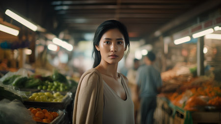 Beautiful asian woman shopping at the vegetable market and looking at cameraの素材