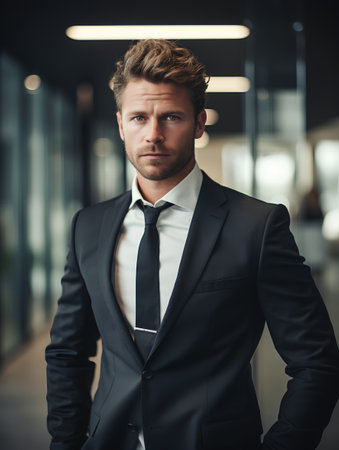 Handsome young businessman in suit looking at camera and smiling while standing indoorsの素材