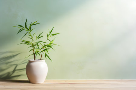 Bamboo plant in vase on wooden table and green wall backgroundの素材
