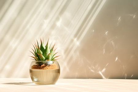 Succulent plant in a glass vase on a light background with shadowの素材
