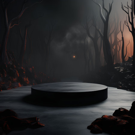 Black podium in the dark forest. 3D render. Halloween theme.の素材