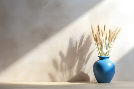 Blue vase with spikelets of wheat on a wooden table. 3d renderingの素材