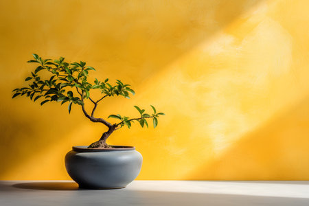 Bonsai tree in a pot on a yellow wall background.の素材