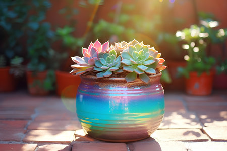 Succulent plant in a pot on the terrace at sunsetの素材