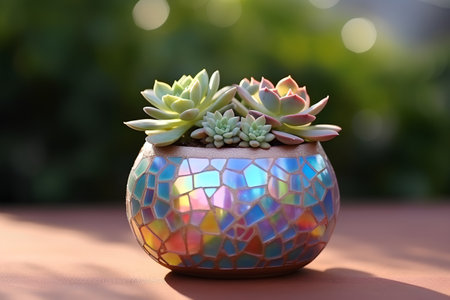 Miniature succulent plant in a pot with colorful stained glass windowの素材