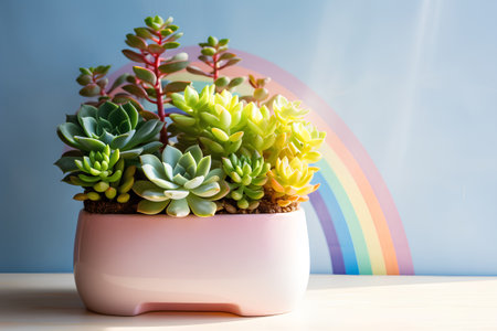 Succulent plant in pot on wood table with rainbow background.の素材