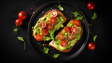 Avocado toast with cherry tomatoes and herbs on black plate. Top viewの素材