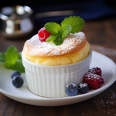 Cottage cheese souffle with raspberries, blueberries and mintの素材