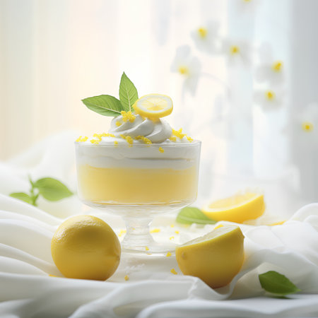 Lemon mousse dessert with fresh lemons and mint leaves.の素材