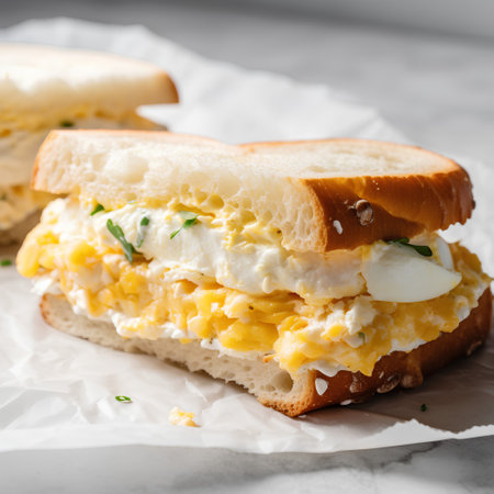 Breakfast sandwich with scrambled eggs, cheese and herbs on white backgroundの素材