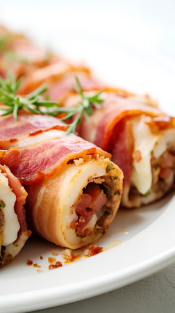 Rolls of bacon with cheese and herbs on a white plate.の素材