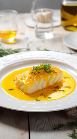 Cod fish fillet with butter and dill on a white plateの素材