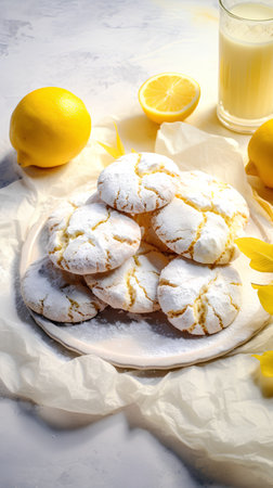 Lemon cookies with powdered sugar on a light background. Toned.の素材