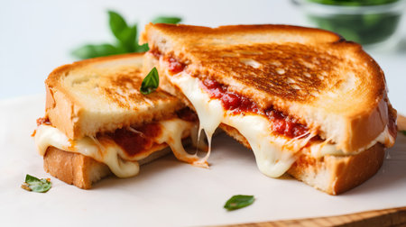 Toasted bread with cheese and tomato sauce on a white background.の素材