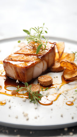 Tasty grilled fish fillet with caramelized potatoes on white plateの素材