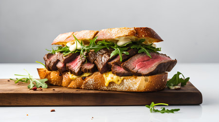 Sandwich with roast beef and arugula on a wooden boardの素材