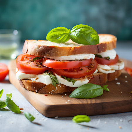 Traditional Italian Caprese sandwich with mozzarella, tomatoes and basilの素材