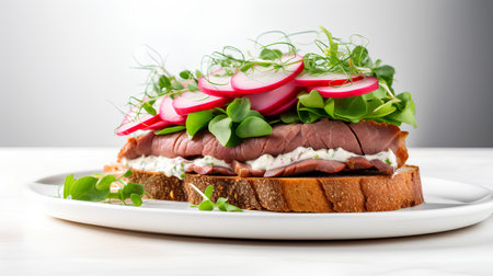 sandwich with roast beef, radish and microgreens on white plateの素材