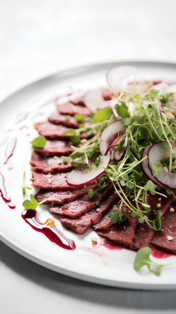 Beef carpaccio with arugula, radish and cranberry sauceの素材