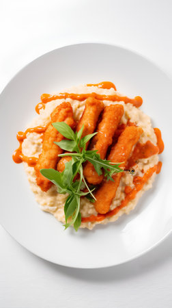 Risotto with fried chicken fillet and sauce on white plateの素材