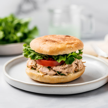 Tuna Sandwich with Tomato, Lettuce and Cheese on White Plateの素材