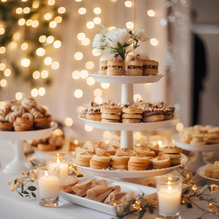 Wedding candy bar with cookies and sweets on the table.の素材