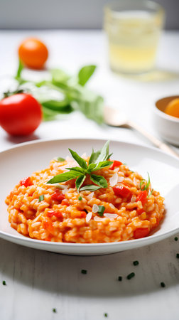 Risotto with tomato, basil and parmesan. Italian cuisine.の素材